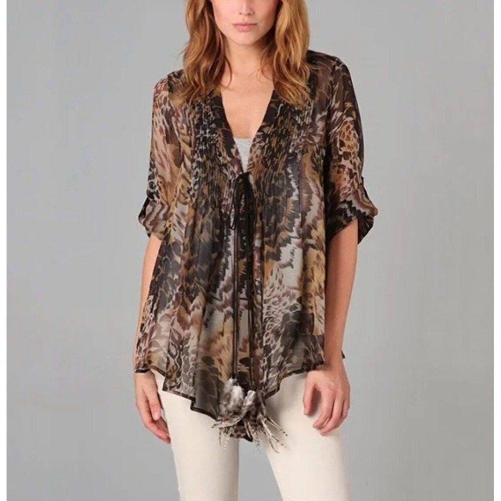 Elizabeth and James Semi Sheer Animal Print Tokyo Feather Tassel Blouse S